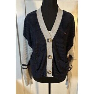 Tommy Jeans Y2K Preppy Cropped Cardigan Women’s L Black Gray Red Button Sweater
